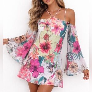 Adriana Barra Tropical Floral Chiffon Mini Dress Bell Sleeve Strappy Size 38